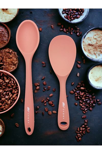 Multiamo Hard Tip Heat Resistant Fireproof Non-Stick Silicone Long Spoon 28 Cm + Short Spoon 22 Cm / 2 Pcs