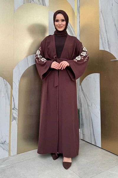 Bym Fashion Кафява абая - бродирана и препасана през кръста 7898