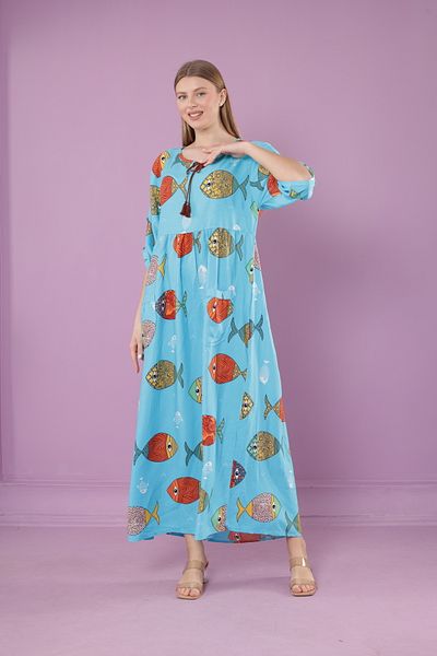 mervemoda Γυναικείο μακρύ φόρεμα με λαιμόκοψη με υφαντό βισκόζη
