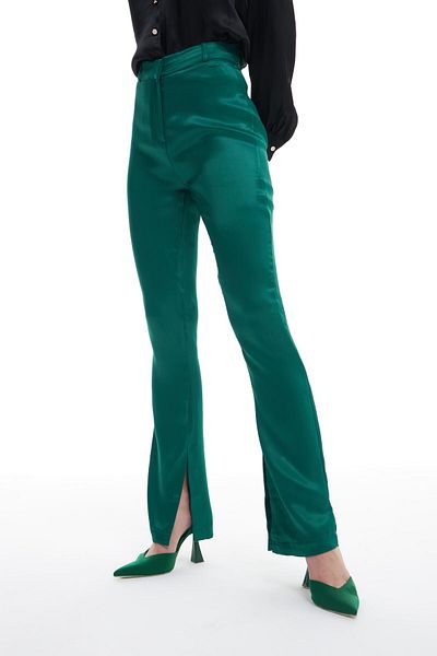 Quzu Slit Detailed Satin Trousers Dark Green