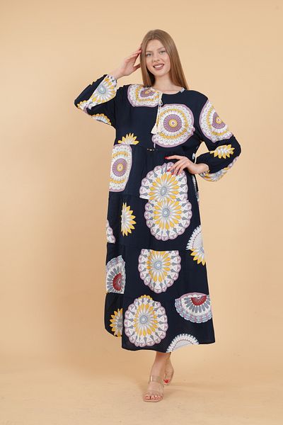 mervemoda Γυναικείο μακρυμάνικο ολόσωμο εμπριμέ υφαντό φόρεμα