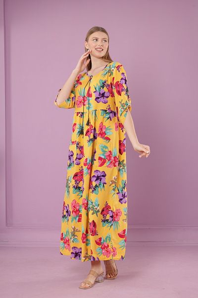 mervemoda Γυναικείο μακρύ φόρεμα με λαιμόκοψη με υφαντό βισκόζη