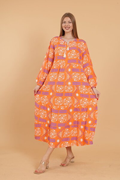 mervemoda Γυναικείο μακρυμάνικο ολόσωμο εμπριμέ υφαντό φόρεμα