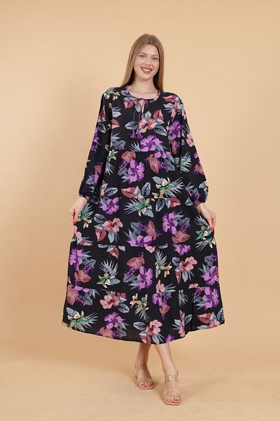 mervemoda Γυναικείο μακρυμάνικο ολόσωμο εμπριμέ υφαντό φόρεμα
