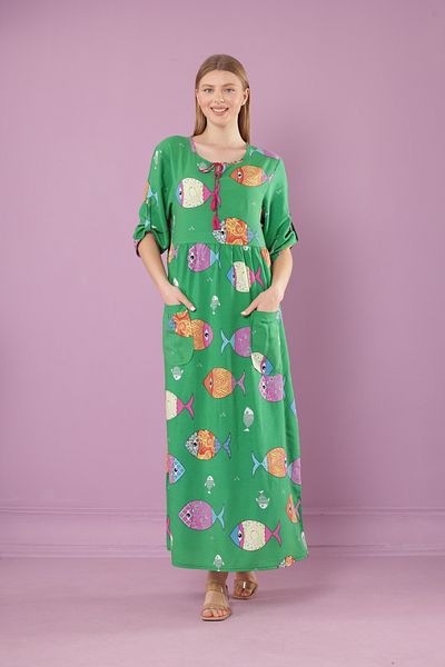 mervemoda Γυναικείο μακρύ φόρεμα με λαιμόκοψη με υφαντό βισκόζη