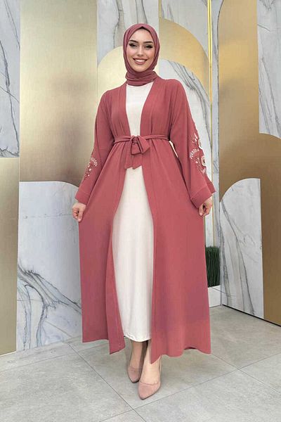 Bym Fashion Dried Rose Embroidered Abaya - Waist Belted, 7898 Model
