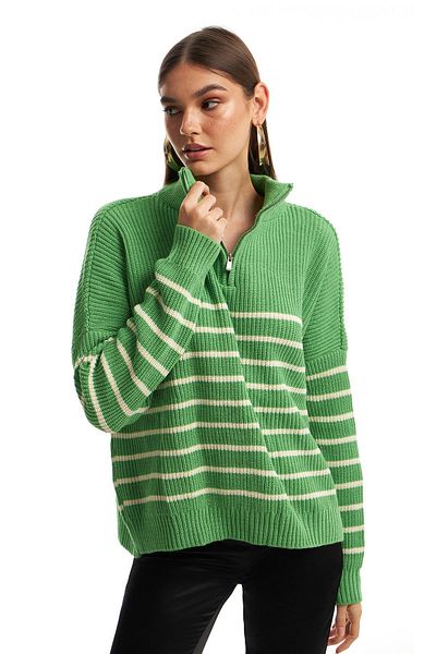 Quzu Zippered Striped Sweater Green