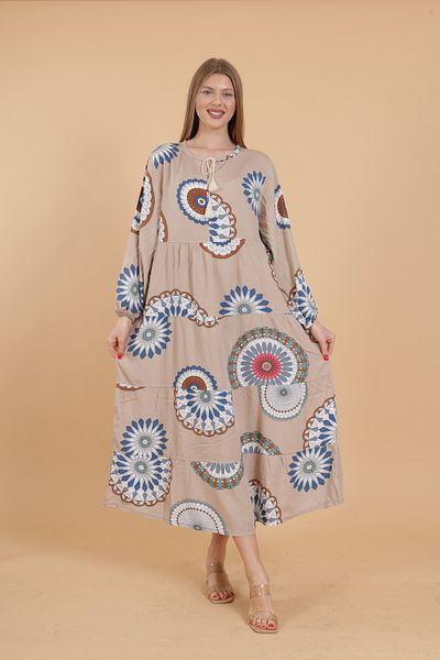 mervemoda Γυναικείο μακρυμάνικο ολόσωμο εμπριμέ υφαντό φόρεμα