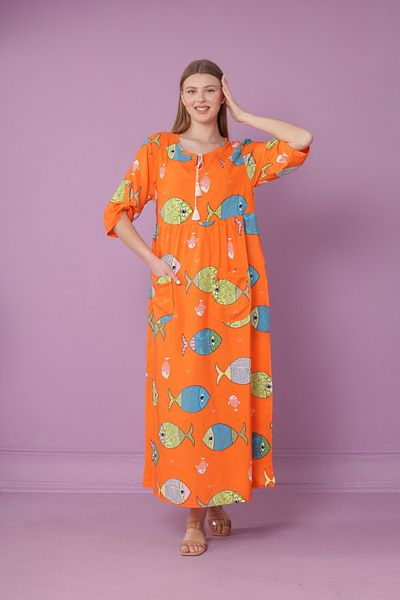mervemoda Γυναικείο μακρύ φόρεμα με λαιμόκοψη με υφαντό βισκόζη