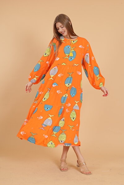 mervemoda Women's long sleeve full length printed woven dress