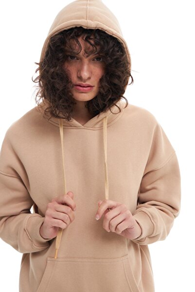 Quzu Hooded Kangaroo Pocket Sweatshirt Beige