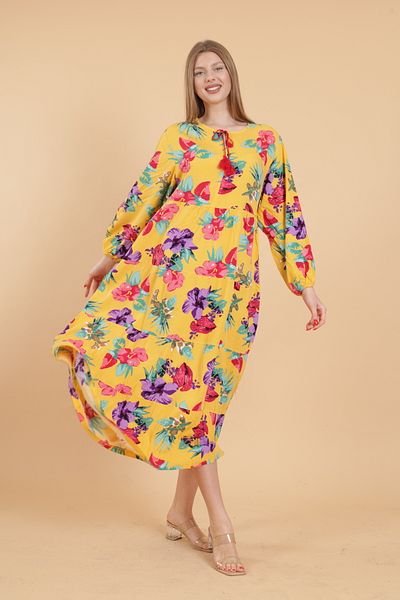 mervemoda Γυναικείο μακρυμάνικο ολόσωμο εμπριμέ υφαντό φόρεμα