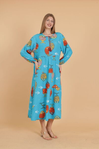 mervemoda Women's long sleeve full length printed woven dress