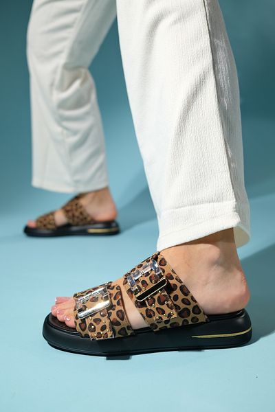 LuviShoes Papuci de damă ZLEY, negru, galben, cu model, cu cataramă transparentă