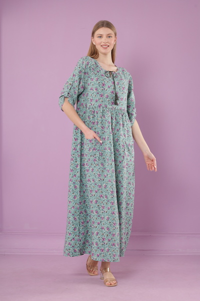 mervemoda Γυναικείο μακρύ φόρεμα με λαιμόκοψη με υφαντό βισκόζη