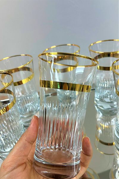 DECOSTYLE Azur Glow Decorated - Gold Striped 6-Piece Glass Soft Drink and Pasabahce Set