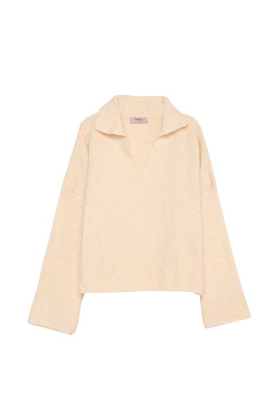 Quzu Cămașă Guler Crop Pulover Crem