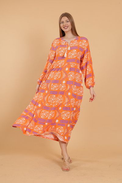 mervemoda Women's long sleeve full length printed woven dress