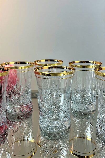 DECOSTYLE Polo Dekor Gold Detailed Cut Pasabahce 420055 300 Cc Azur Soft Drink Glass Set of 6