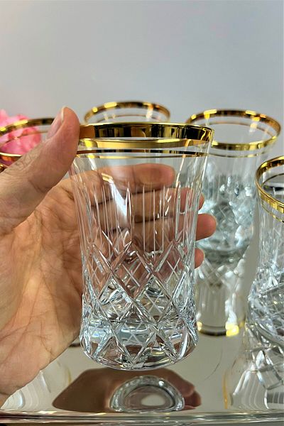 DECOSTYLE Polo Dekor Gold Detailed Cut Pasabahce 420055 300 Cc Azur Soft Drink Glass Set of 6