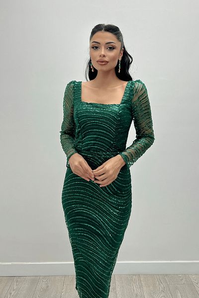 giyimmasalı Sequin Sequin Fabric Square Neck Pencil Dress - EMERAL GREEN