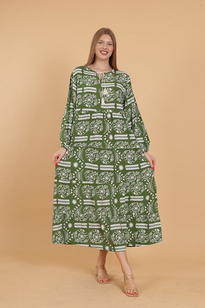 mervemoda Women's long sleeve full length printed woven dress