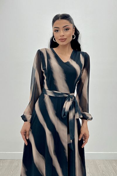 giyimmasalı Tulle Fabric V-Neck Maxi Dress - BROWN