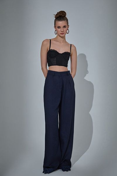Quzu Wide Leg Palazzo Fabric Trousers Navy Blue
