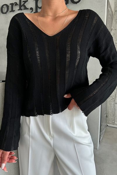 MODAGEN Women's Black Seasonal V-Neck Openwork Blouse Knitwear