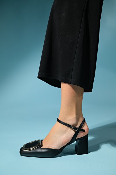 LuviShoes TİENO Black Skin Women's Open Back Thick Heeled Shoes