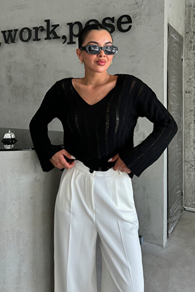 MODAGEN Women's Black Seasonal V-Neck Openwork Blouse Knitwear