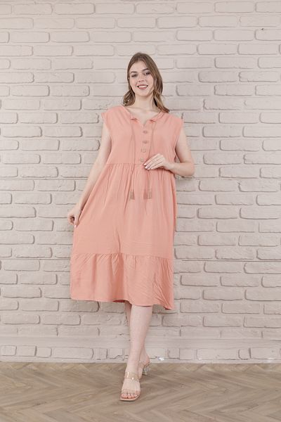 mervemoda γυναικείο μανίκι μπροστινό διακοσμητικό κουμπί κοντό υφαντό φόρεμα βισκόζης