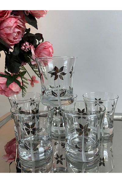 DECOSTYLE 420014   Flower Printed and Decorated Pasabahce Azur Water Cup 240Cc Set of 6