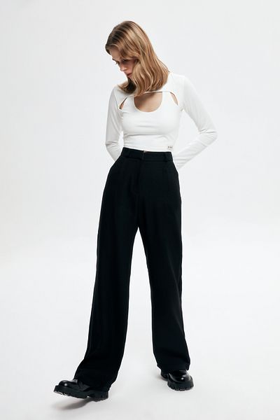 Quzu Wide Leg Palazzo Fabric Trousers Black