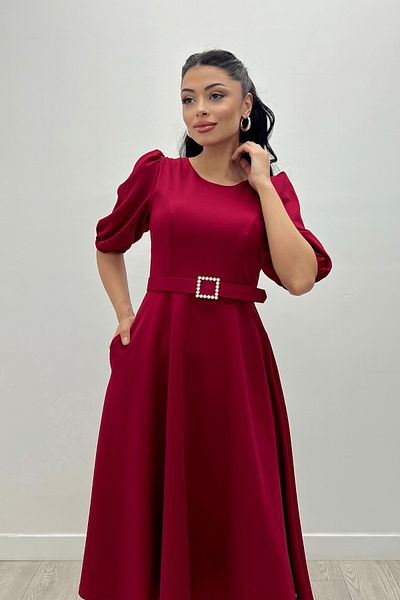 giyimmasalı Κρεπ Υφασμάτινη Ζώνη Λεπτομερές Φόρεμα - Claret Red