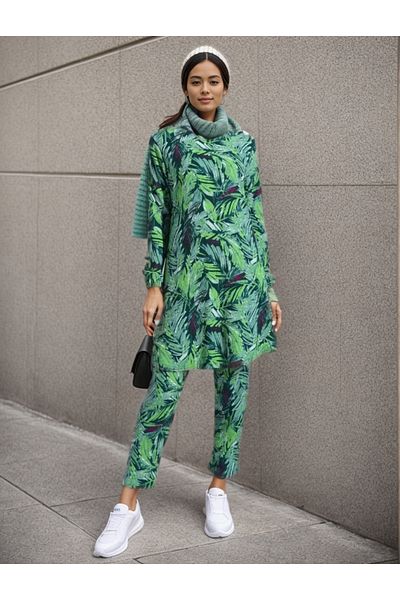 RESPİRO Patterned Flowing Sleeve End Elastic Wrap Green Tunic