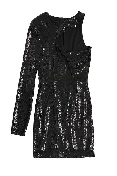 Quzu Low-cut Detailed Sequined Mini Dress Black