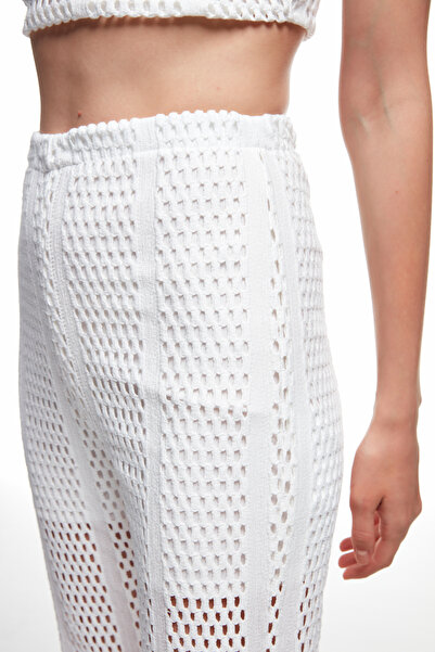 Quzu Ajur Detaylı Yüksek Bel Pantolon Ekru