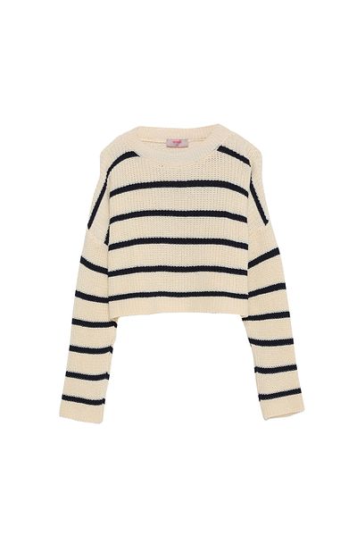 Quzu Stripe Detailed Crop Knitwear Sweater Cream-Navy