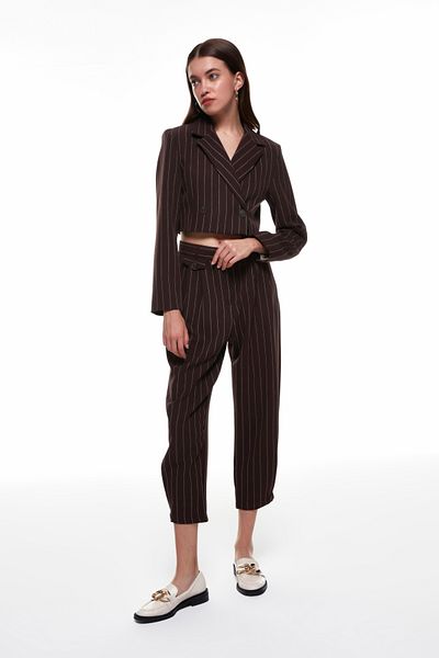 Quzu Ριγέ Λεπτομερές Crop Jacket Καφέ