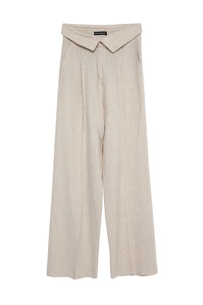 Quzu Waist Detailed Wide Leg Linen Trousers Natural