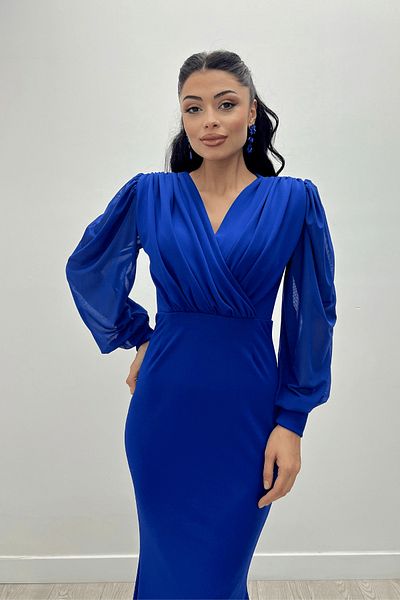 giyimmasalı Crepe Fabric Double Breasted Collar Fishnet Dress - SAKS BLUE