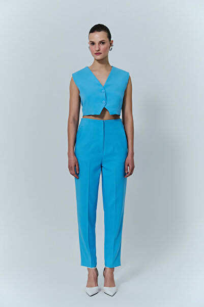Quzu Pens Detaylı Yüksek Bel Pantolon Mavi