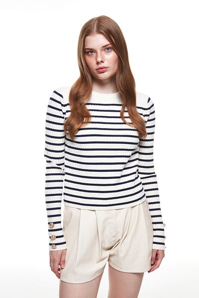 Quzu Button Detailed Striped Knitwear Navy Blue