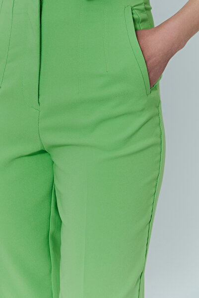 Quzu Collet Detailed High Waist Trousers Green