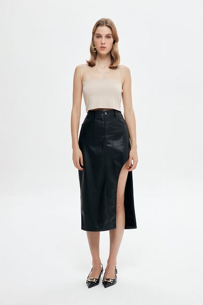 Quzu Slit Detailed Leather Midi Skirt Black