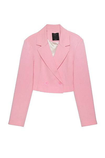 Quzu Wadded Detailed Crop Blazer Jacket Pink