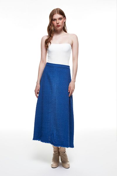 Quzu Tweed Midi Skirt Sax