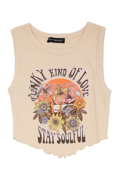 Quzu Print Detailed Halter Neck Crop T-Shirt Beige