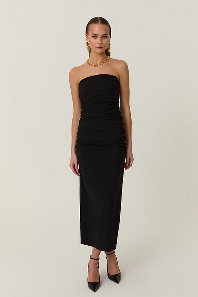 Quzu Gather Detailed Strapless Midi Dress Black